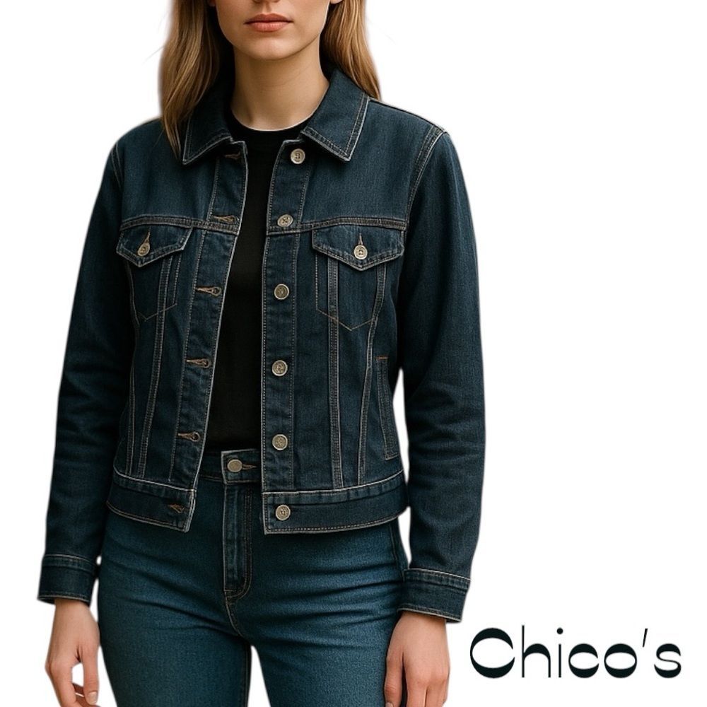 Chico’s Blue Bohemian Cottage Festival Jean Jacket Size 12